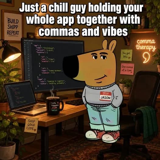 Chill guy meme holding the whole app together with commas and vibes