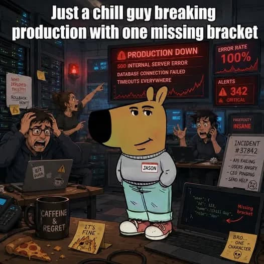 Chill guy meme breaking production with one missing bracket