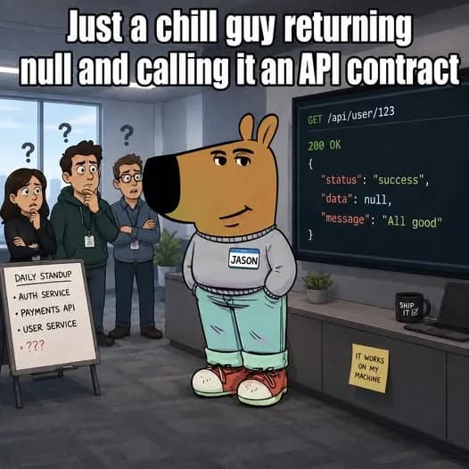 Chill guy meme returning null and calling it an API contract