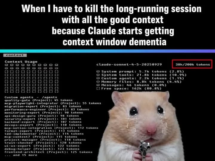 Hamster meme about ending a long agent session when Claude gets context window dementia