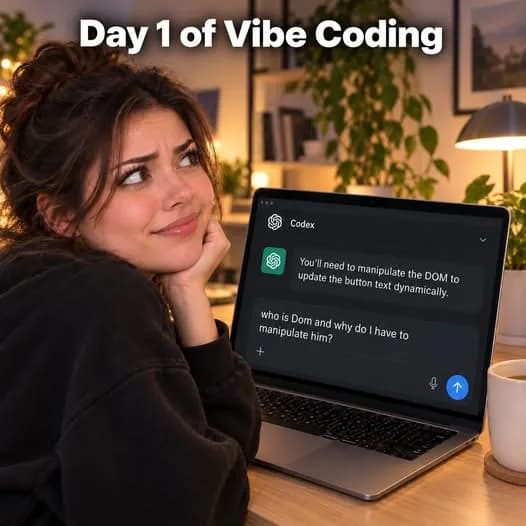 Day 1 of vibe coding meme: a confused builder asks the AI who Dom is and why she has to manipulate him