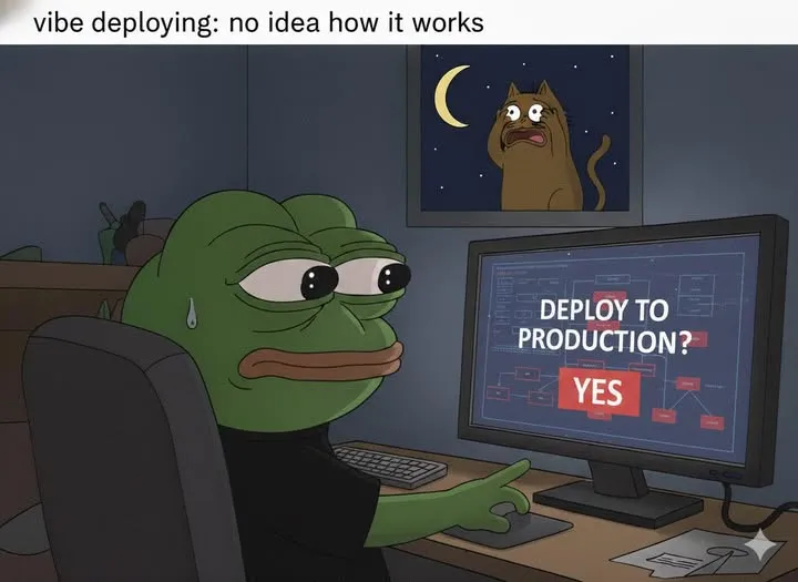 Frog meme at a computer at night clicking yes on deploy to production