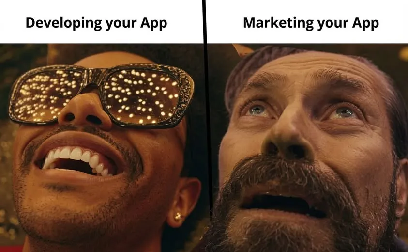 Meme contrasting the joy of developing your app with the dread of marketing it
