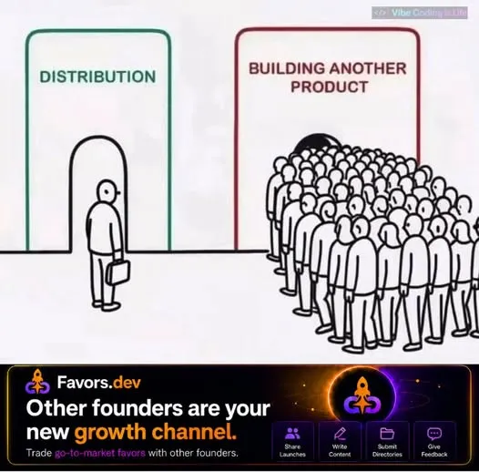 Cartoon of an empty line for distribution next to a huge crowd building another product