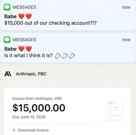 Text meme about a $15,000 invoice from Anthropic leaving the checking account