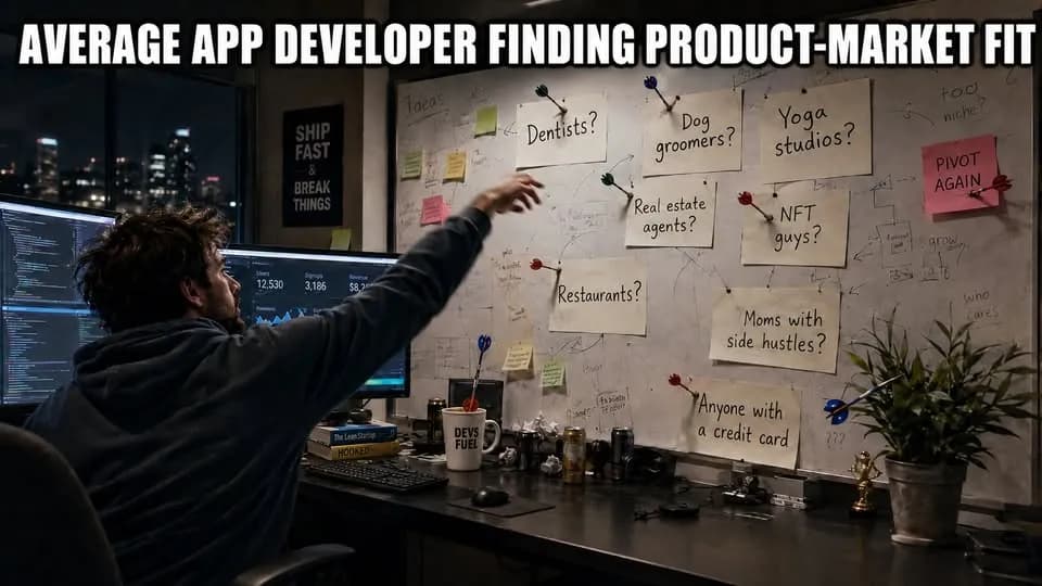 Meme of a man at a conspiracy board labeled average app developer finding product market fit