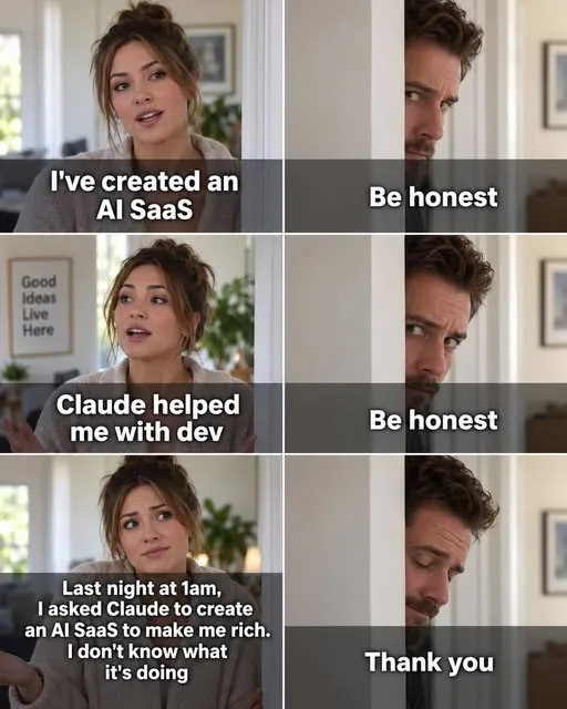 Be honest meme: I created an AI SaaS, Claude helped, and I do not know what it is doing