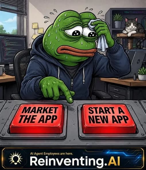 Two buttons meme with a sweating frog choosing between market the app and start a new app