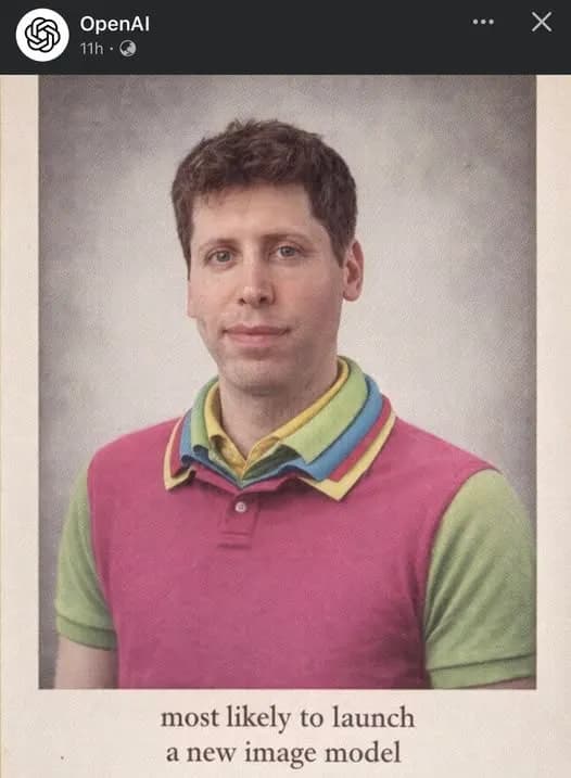 Yearbook style portrait captioned most likely to launch a new image model