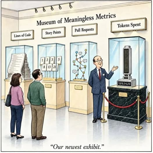 Cartoon of a museum of meaningless metrics with lines of code, story points and tokens spent