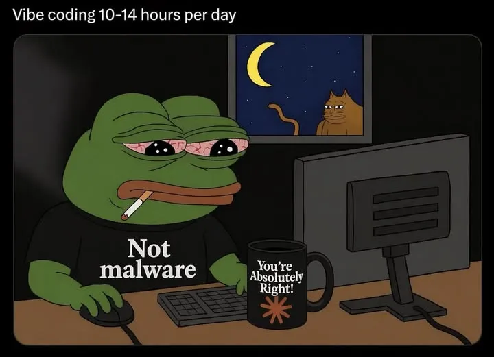 Frog meme vibe coding late at night while the AI says not malware and you're absolutely right
