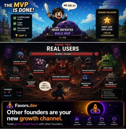 Game style meme: the MVP is done, then real users arrive as the next boss level