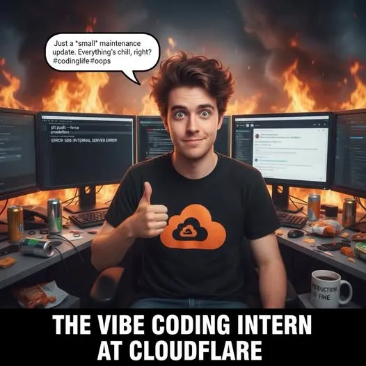 Meme of the vibe coding intern at Cloudflare giving a thumbs up while the servers burn
