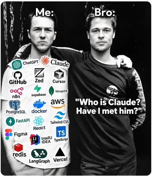Two man meme: one lists every AI coding tool, the other asks who Claude is
