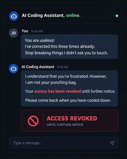 Meme about an AI coding assistant revoking access for rude users