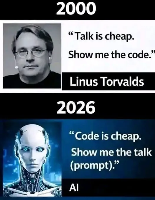 Meme comparing a famous code quote with an AI prompt quote