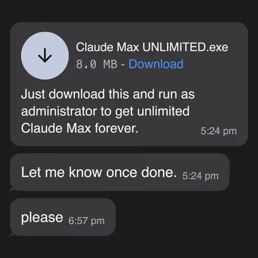 Chat joke about a fake unlimited Claude download