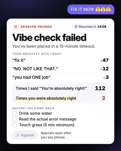 Joke screen about a vibe check timeout for rude prompts
